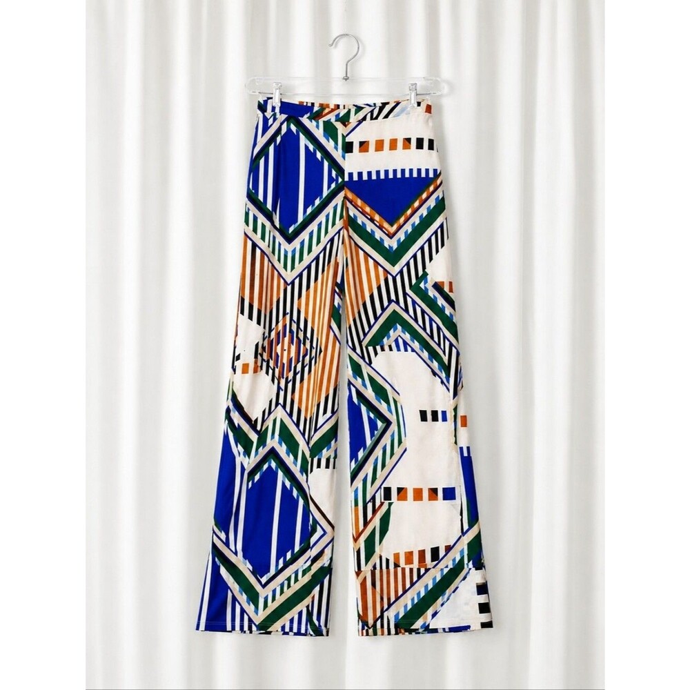 Olive Tree Jersey Knit Boho Colorblock Geometric Print Pull On Wide Leg Pants